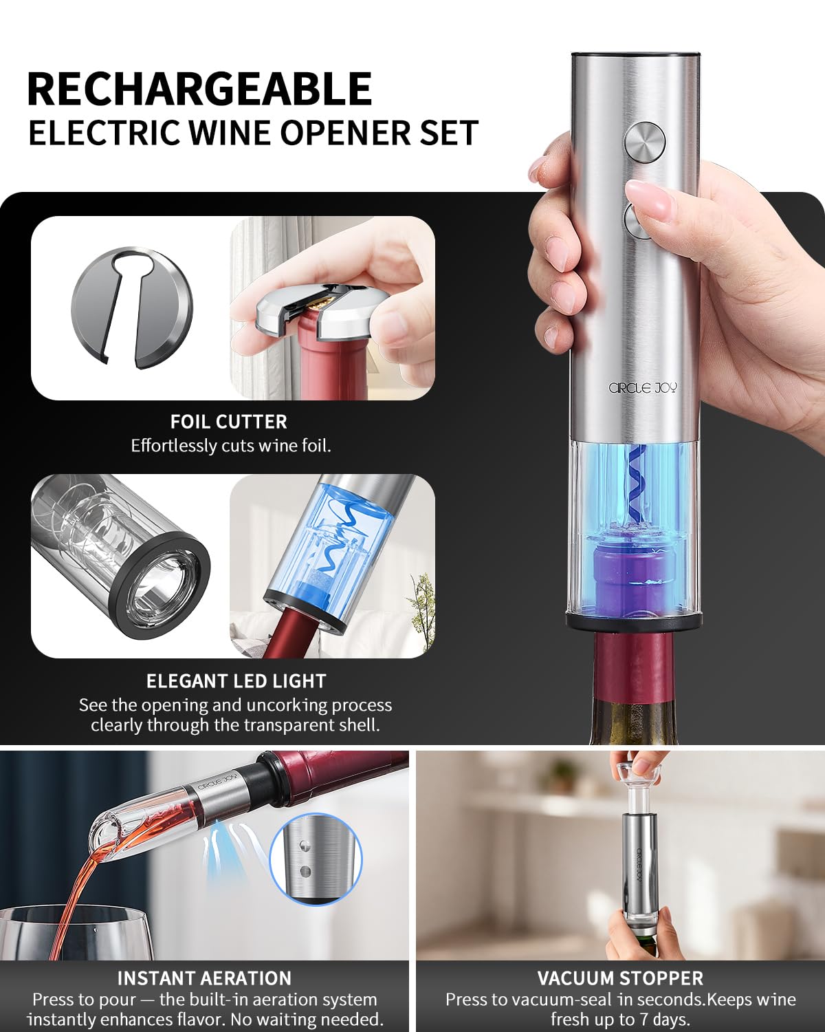 CIRCLE JOY Electric Wine Opener Rechargeable 5-in-1 Stainless Steel Wine Gift Set with Foil Cutter, Wine Aerator Pourer, Wine Drip Ring & Vacuum Stopper, Ideal Gifts for Wine Lovers, Silver