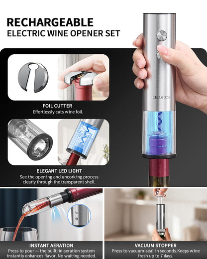 CIRCLE JOY Electric Wine Opener Rechargeable 5-in-1 Stainless Steel Wine Gift Set with Foil Cutter, Wine Aerator Pourer, Wine Drip Ring & Vacuum Stopper, Ideal Gifts for Wine Lovers, Silver