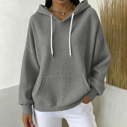 Women Casual Waffle Grid Textured Pullover Hoodie Contrast Drawstring Pocket Loose Long Sleeve Sweatshirts