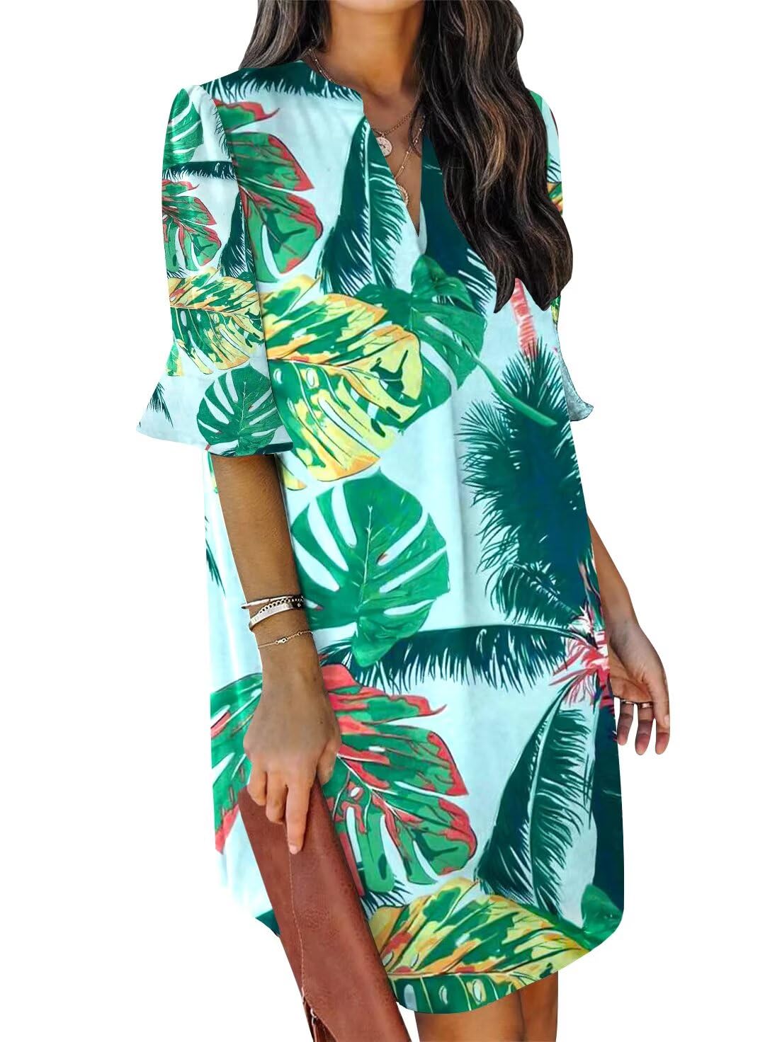 QACOHU Womens Summer Casual V Neck Shift Mini Dress | Flowy Swing Basic Loose Dresses, Ruffle Short Sleeve, Straight, Floral Boho Style, Wedding Guest Beach Vacation Outfits