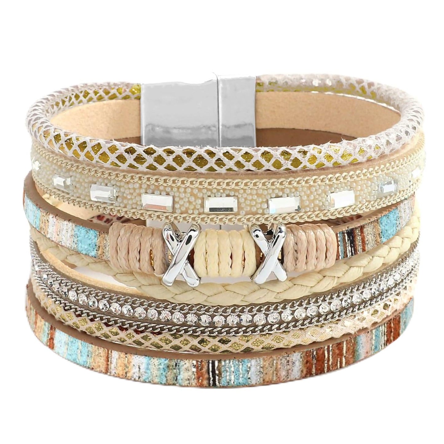 Fesciory Leopard Bracelet for Women, Boho Leather Wrap Multi-Layer Pearl Crystal Bracelet Bangle Jewelry