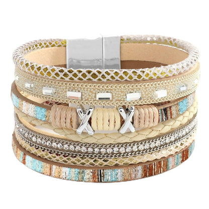 Fesciory Leopard Bracelet for Women, Boho Leather Wrap Multi-Layer Pearl Crystal Bracelet Bangle Jewelry