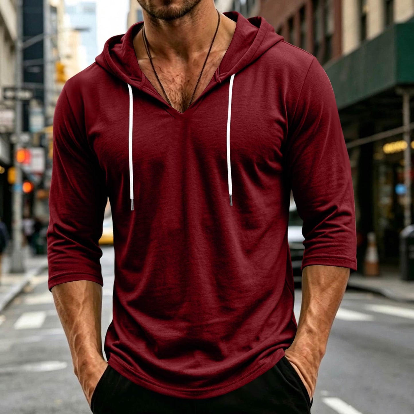 Mens Hooded 3/4 Sleeve Pullover Relaxed Fit Casual Lightweight Comfort Top