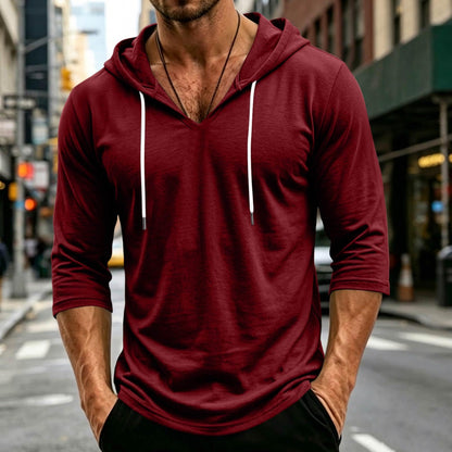 Mens Hooded 3/4 Sleeve Pullover Relaxed Fit Casual Lightweight Comfort Top