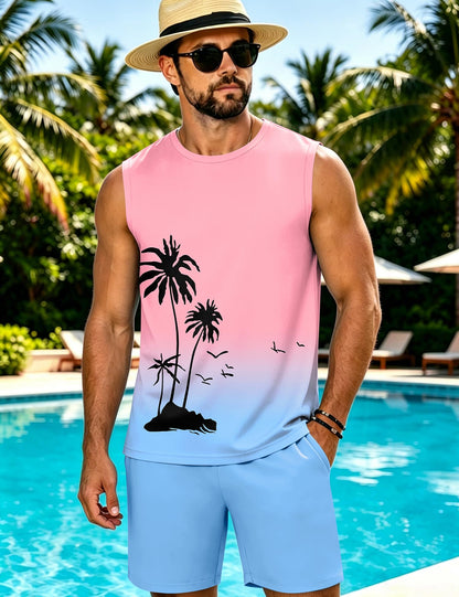 LecGee Men's 2 Piece Hawaiian Tank Tops Tropical Floral Beach Sleeveless Round neck T-shirt Casual Daily Beach Summer