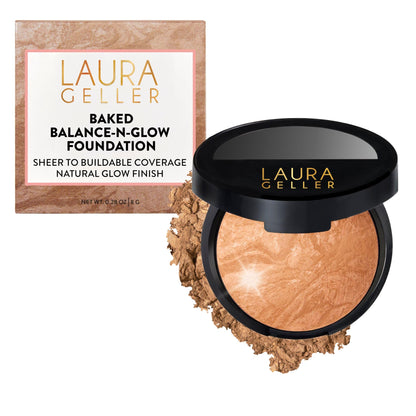 LAURA GELLER NEW YORK Baked Balance-n-Glow Illuminating Powder Foundation – Toffee – Handmade in Italy – Pearl-Infused Satin Finish – Vitamin C Brightening – Buildable Sheer Coverage – For Mature Skin
