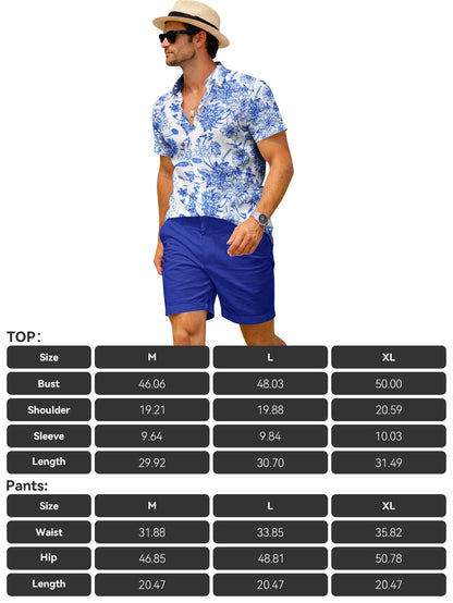 Yoimira Men's Summer Outfits 2 Piece Short Sets Hawaiian Floral Button Down Shirt and Shorts Vacation Beach Cruise Set