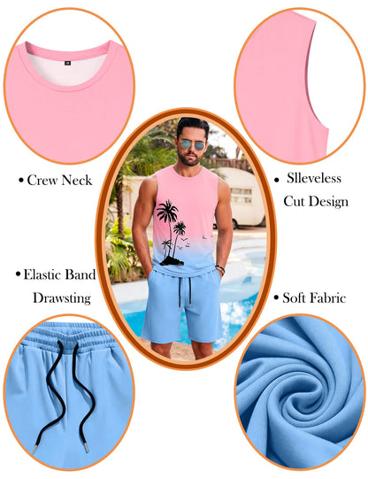 LecGee Men's 2 Piece Hawaiian Tank Tops Tropical Floral Beach Sleeveless Round neck T-shirt Casual Daily Beach Summer
