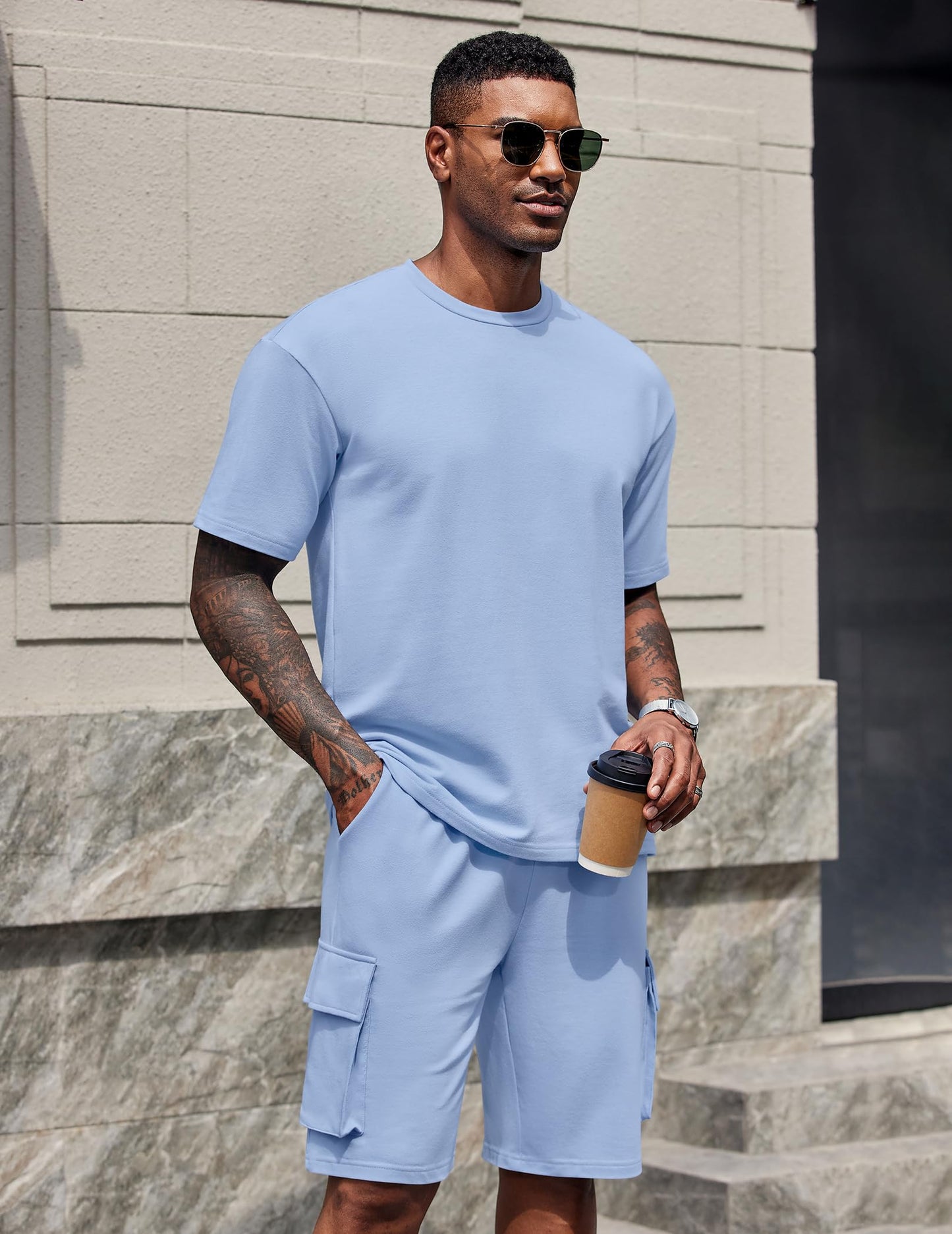 COOFANDY Men's Shirt and Shorts Set 2 Piece Fashion Summer Tracksuits Cotton Oversized T-Shirts Cargo Shorts Outfits