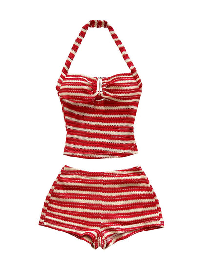 SOLY HUX Women's Summer 2 Piece Outfits Striped Crochet Halter Top Mini Shorts Set Beach Vacation Y2K Sets