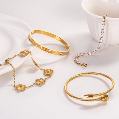 18K Gold Plated Bangle Bracelet Set for Women Stackable Lucky Floral Adjustable Tennis Bracelet Non Tarnish Gift Jewelry for Christmas Valentines Birthday Mother's Day
