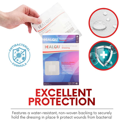 HEALQU Island Dressing - 4"x4", 30 Count - Bordered Gauze Sterile Individually Wrapped Gauze Pads, Water-Resistant, Non-Woven Backing - Soft and Breathable Wound Dressing for First Aid and Medical | Water-Resistant, Latex-Free, High Absorbent, Adhesive Bo