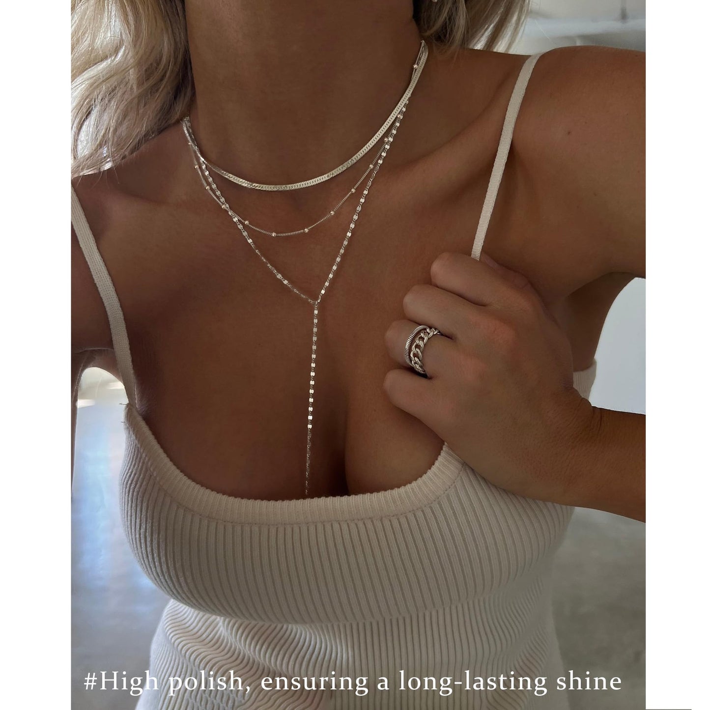 3PCS Gold Necklaces for Women,Chunky Statement Gold Plated Necklace Stack Layered Sterling Silver Herringbone Chains for Women Dainty Trendy Silver Chains Stacked Jewelry Gifts