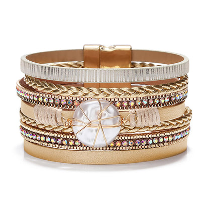 Fesciory Leopard Bracelet for Women, Boho Leather Wrap Multi-Layer Pearl Crystal Bracelet Bangle Jewelry