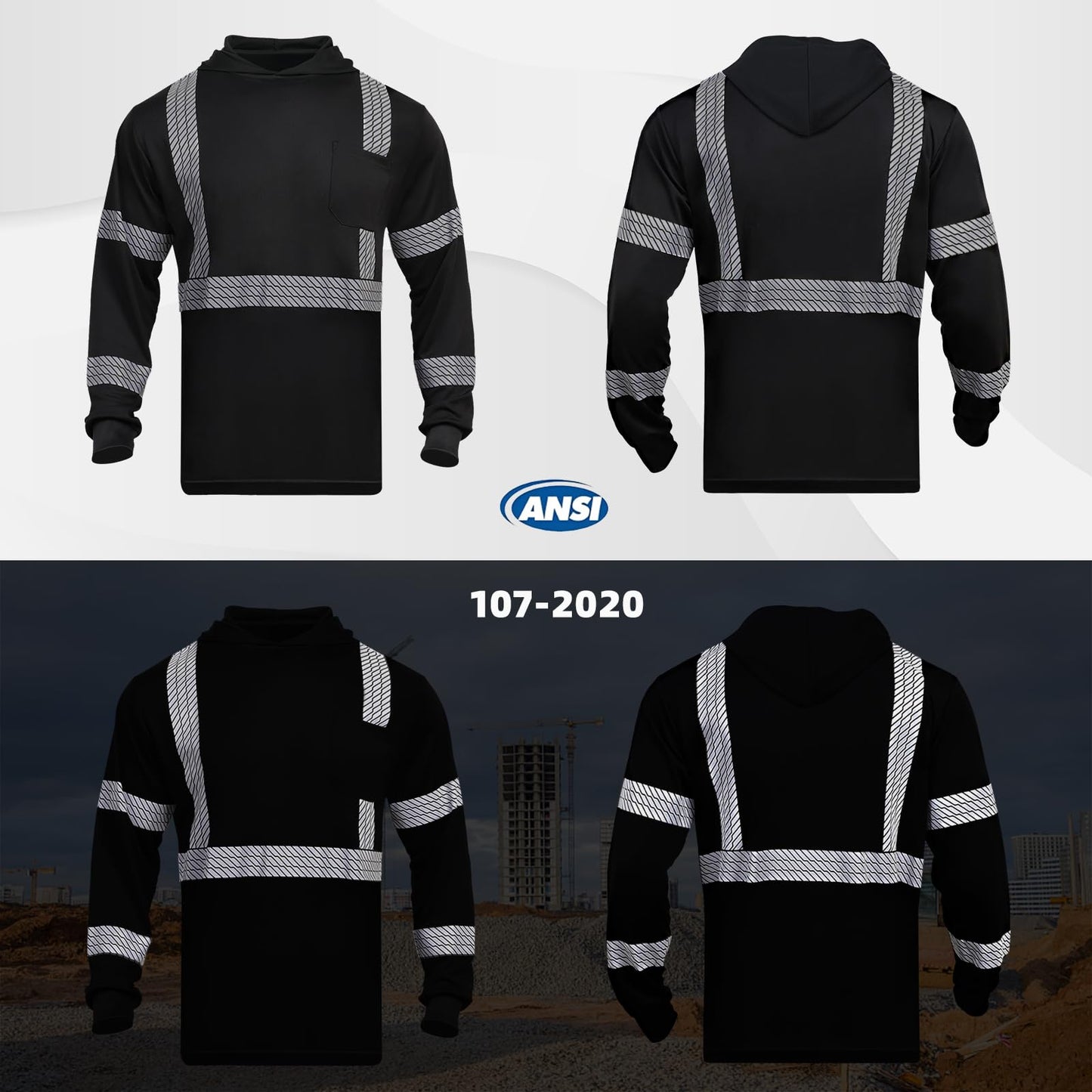 High Visibility Hoodies for Men,Safety Reflective Long Sleeve ANSI Class 3 Hi Vis Construction Work Shirts with Hood
