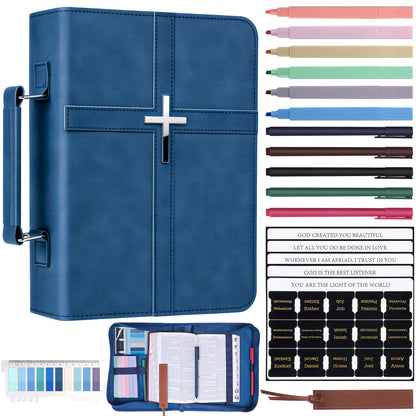 XKDOUS 20 Pcs Bible Case Set with Tabs, Pens, Study Supplies Carrier Holder Portable Men's Bible Bag Church Book Leather Cover Father Day Christian Gift for Dad, Mom, Men, Women