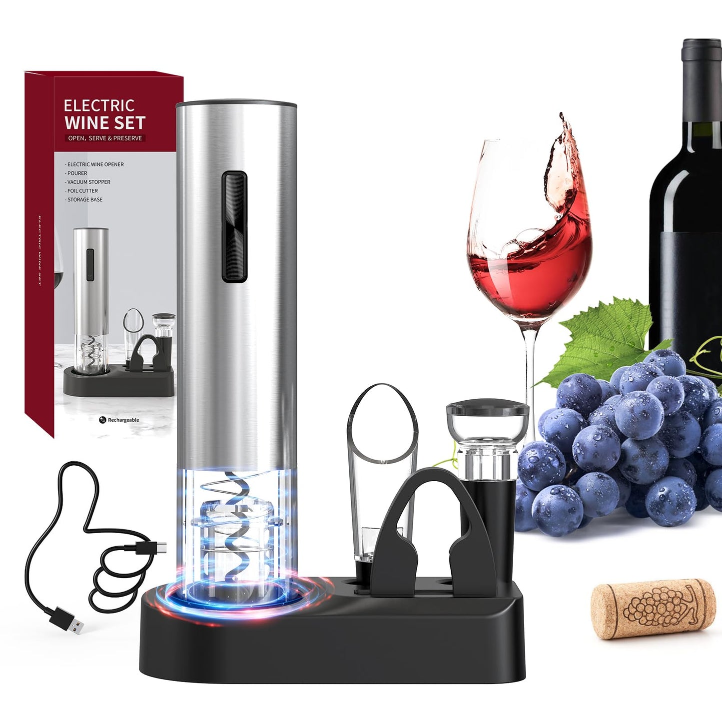 CIRCLE JOY Electric Wine Opener Rechargeable 5-in-1 Stainless Steel Wine Gift Set with Foil Cutter, Wine Aerator Pourer, Wine Drip Ring & Vacuum Stopper, Ideal Gifts for Wine Lovers, Silver