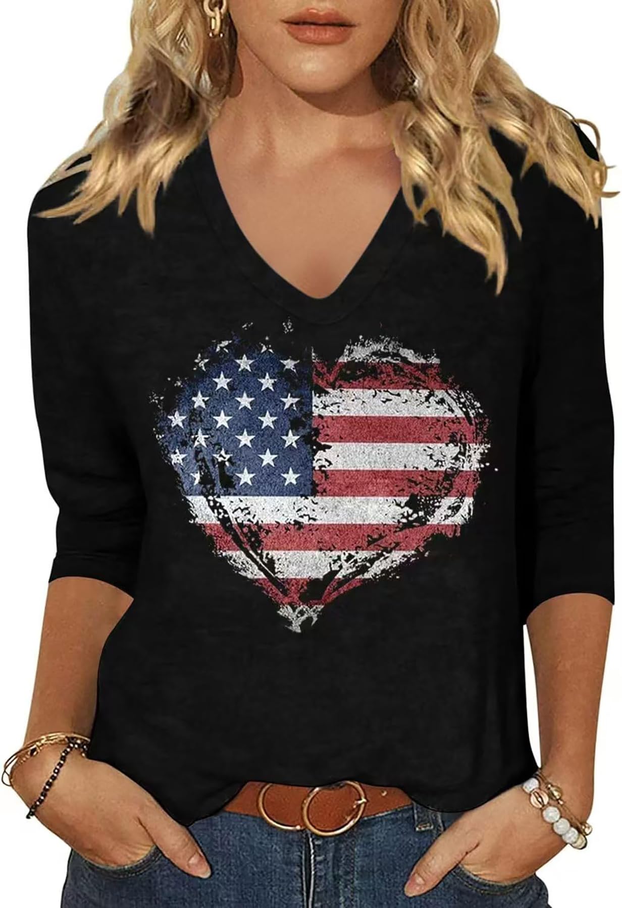 Womens V Neck Flowers Shirts Boho Floral Printed T-Shirt Vintage Graphic Tee Summer Casual Cute 3/4 Sleeve Tops