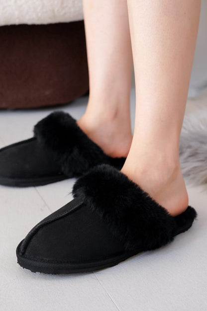 Project Cloud Genuine Leather Slippers for Women with Genuine Fur Lining, Non-Slip Indoor/Outdoor Clog Mule Slippers, Memory Foam Insole