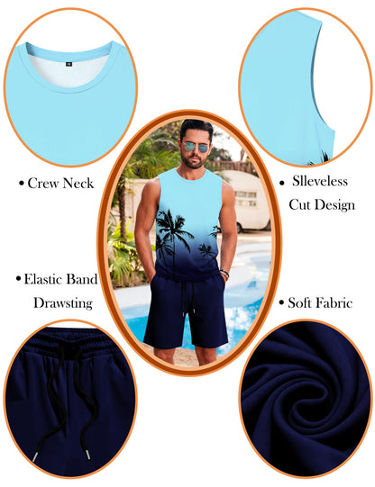 LecGee Men's 2 Piece Hawaiian Tank Tops Tropical Floral Beach Sleeveless Round neck T-shirt Casual Daily Beach Summer