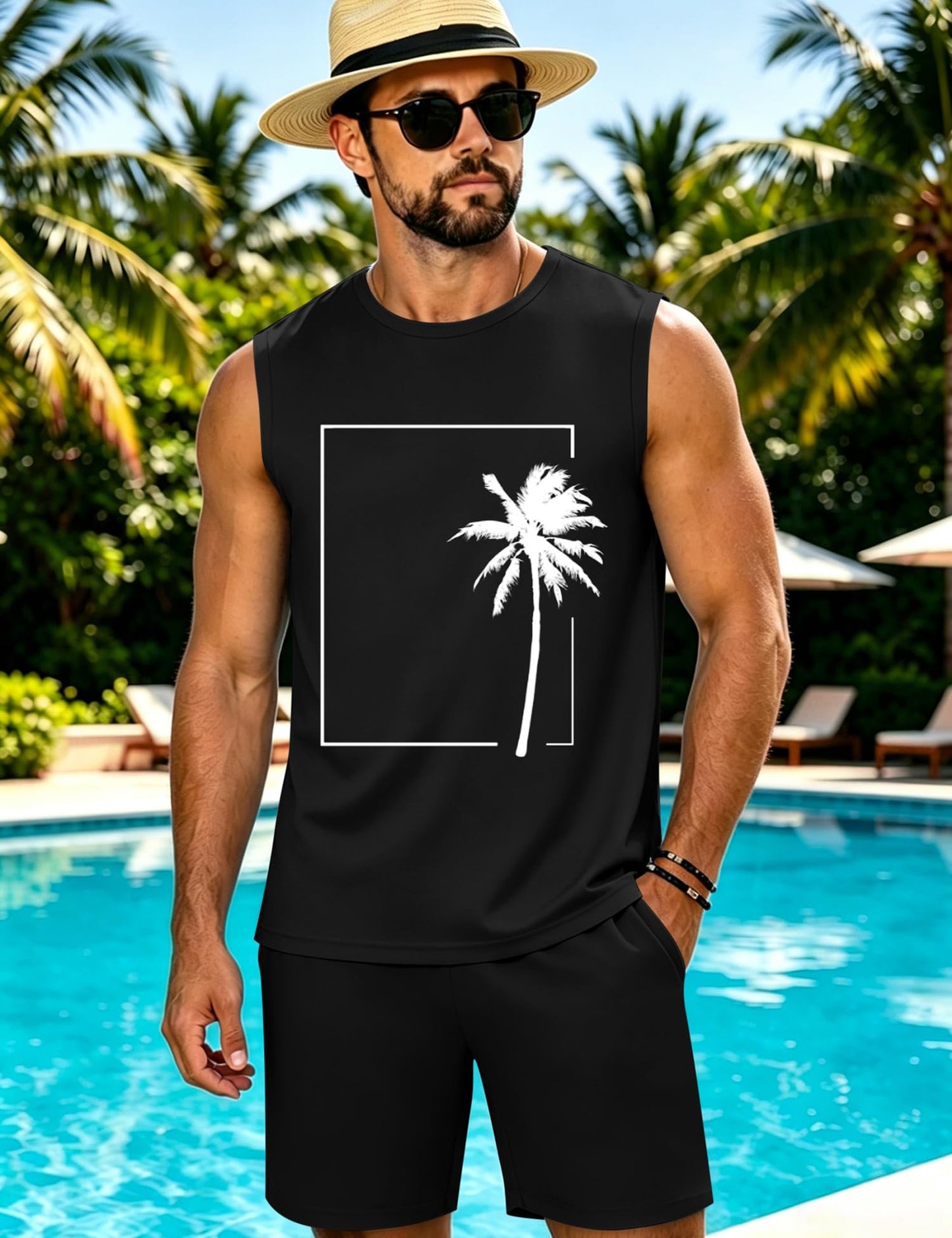 LecGee Men's 2 Piece Hawaiian Tank Tops Tropical Floral Beach Sleeveless Round neck T-shirt Casual Daily Beach Summer