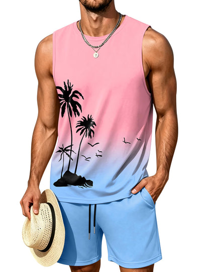 LecGee Men's 2 Piece Hawaiian Tank Tops Tropical Floral Beach Sleeveless Round neck T-shirt Casual Daily Beach Summer