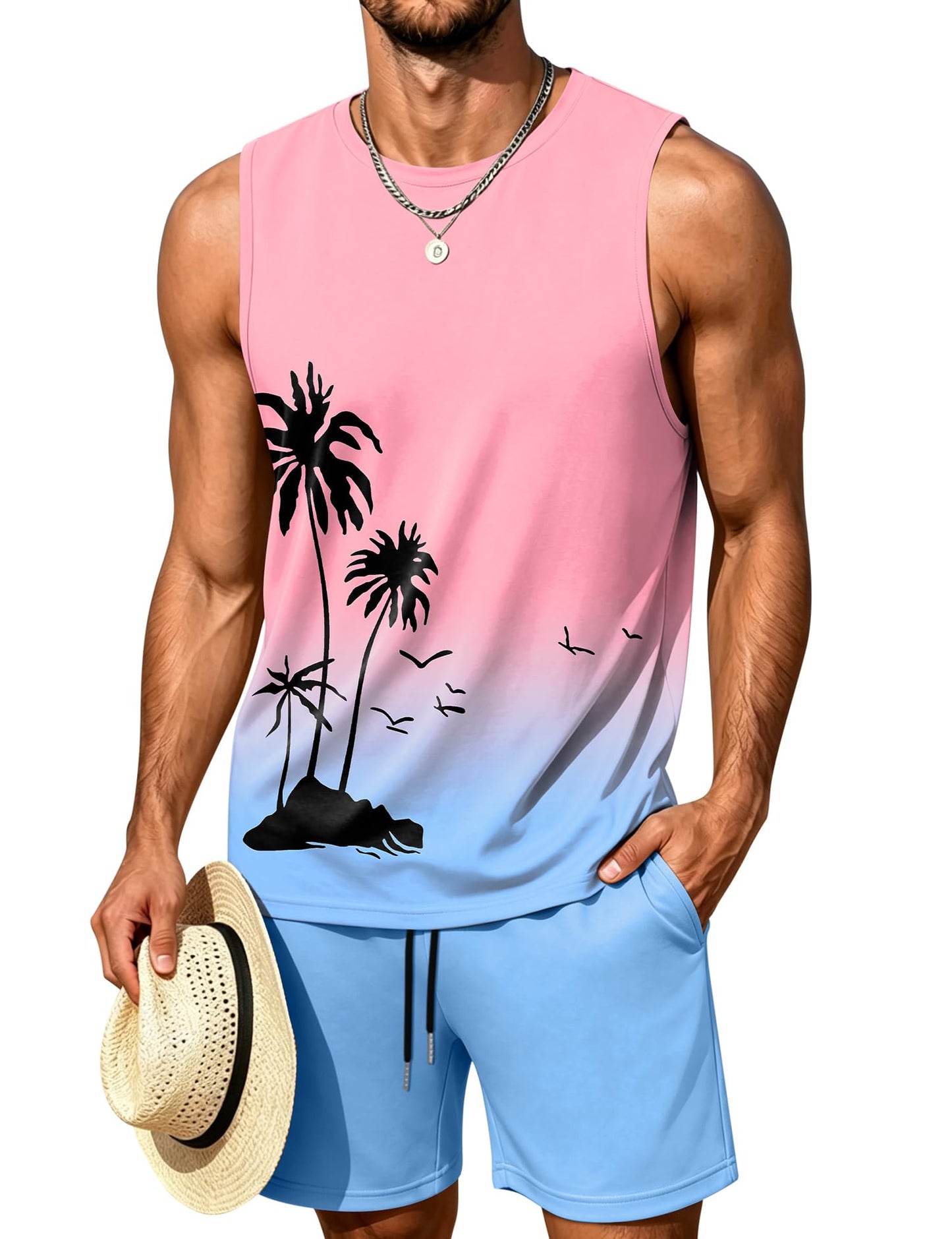 LecGee Men's 2 Piece Hawaiian Tank Tops Tropical Floral Beach Sleeveless Round neck T-shirt Casual Daily Beach Summer