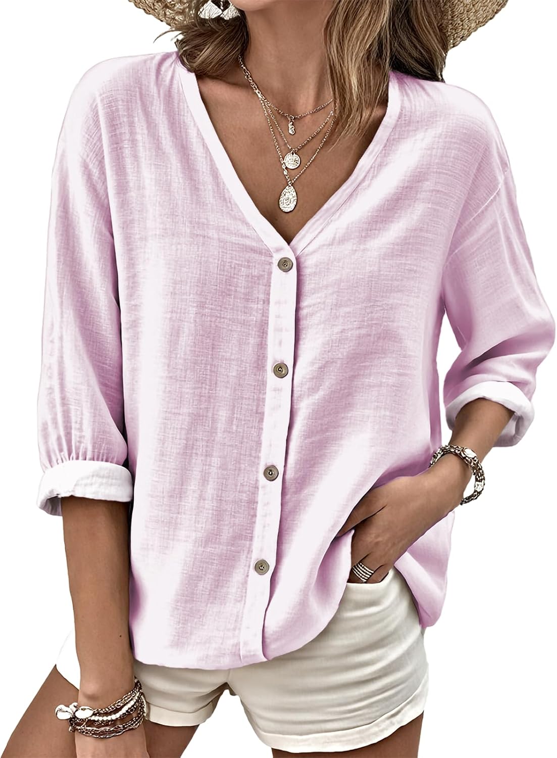 MARSVOVO V Neck Shirts for Women Lightweight Decorative Button 3/4 Sleeve Blouses Comfy Casual Business Flowy Top