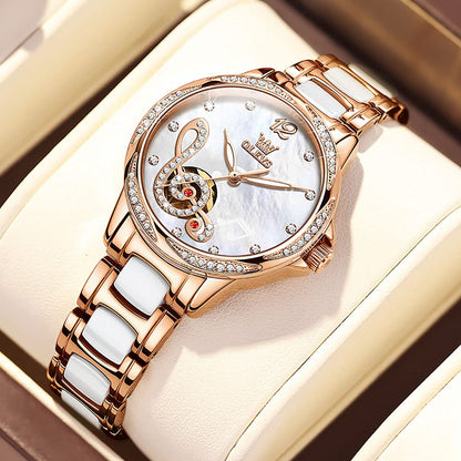 OLEVS Automatic Watches for Women Rose Gold Fashion Diamond Dress Ladies Wrist Watch Self Winding Mechanical Two Tone Ceramic Band Waterproof