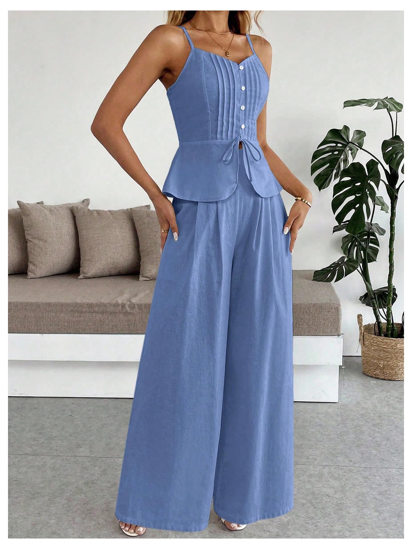 SOLY HUX Women's 2 Piece Summer Outfit Button Down Peplum Cami Top and Wide Leg Pants Set