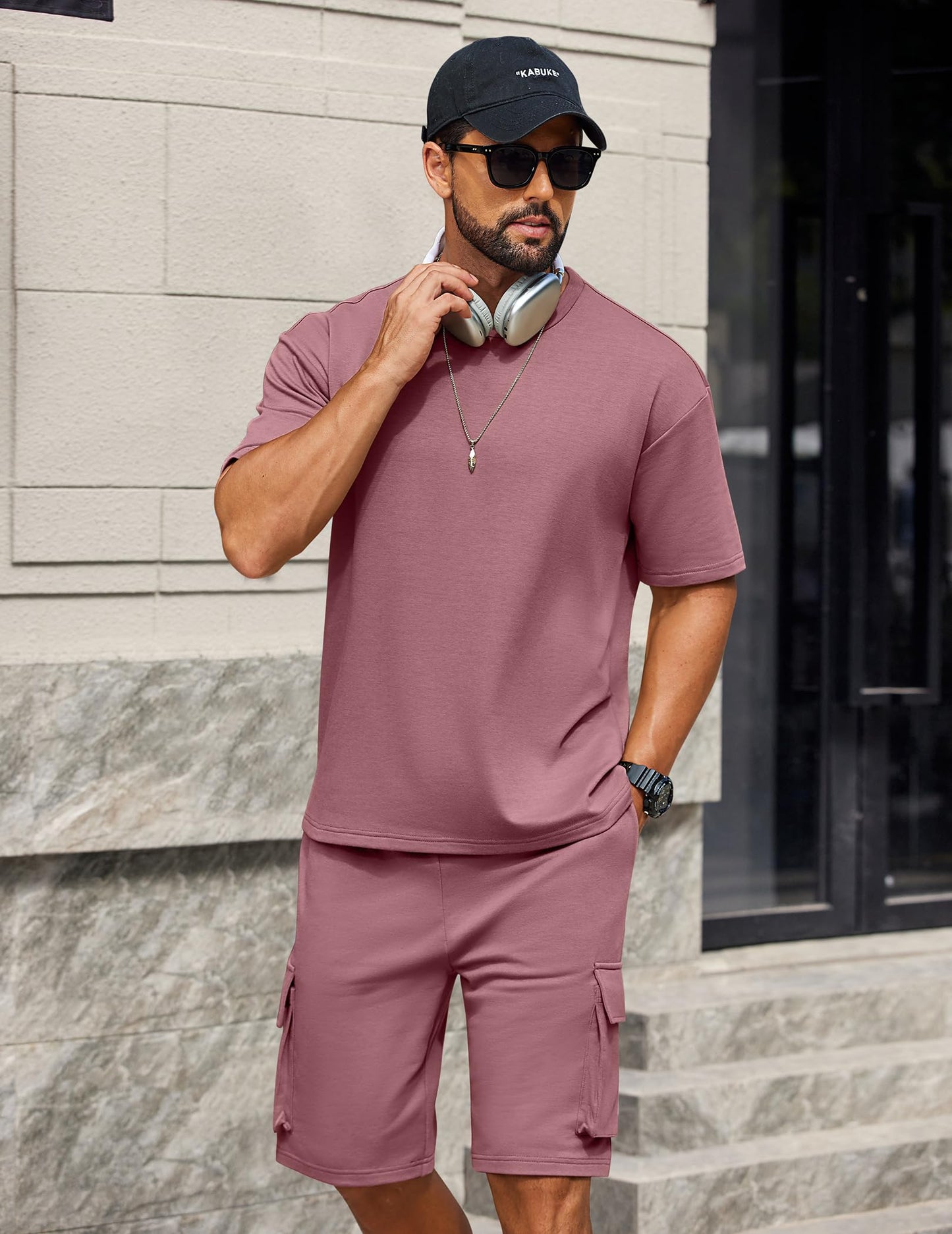 COOFANDY Men's Shirt and Shorts Set 2 Piece Fashion Summer Tracksuits Cotton Oversized T-Shirts Cargo Shorts Outfits