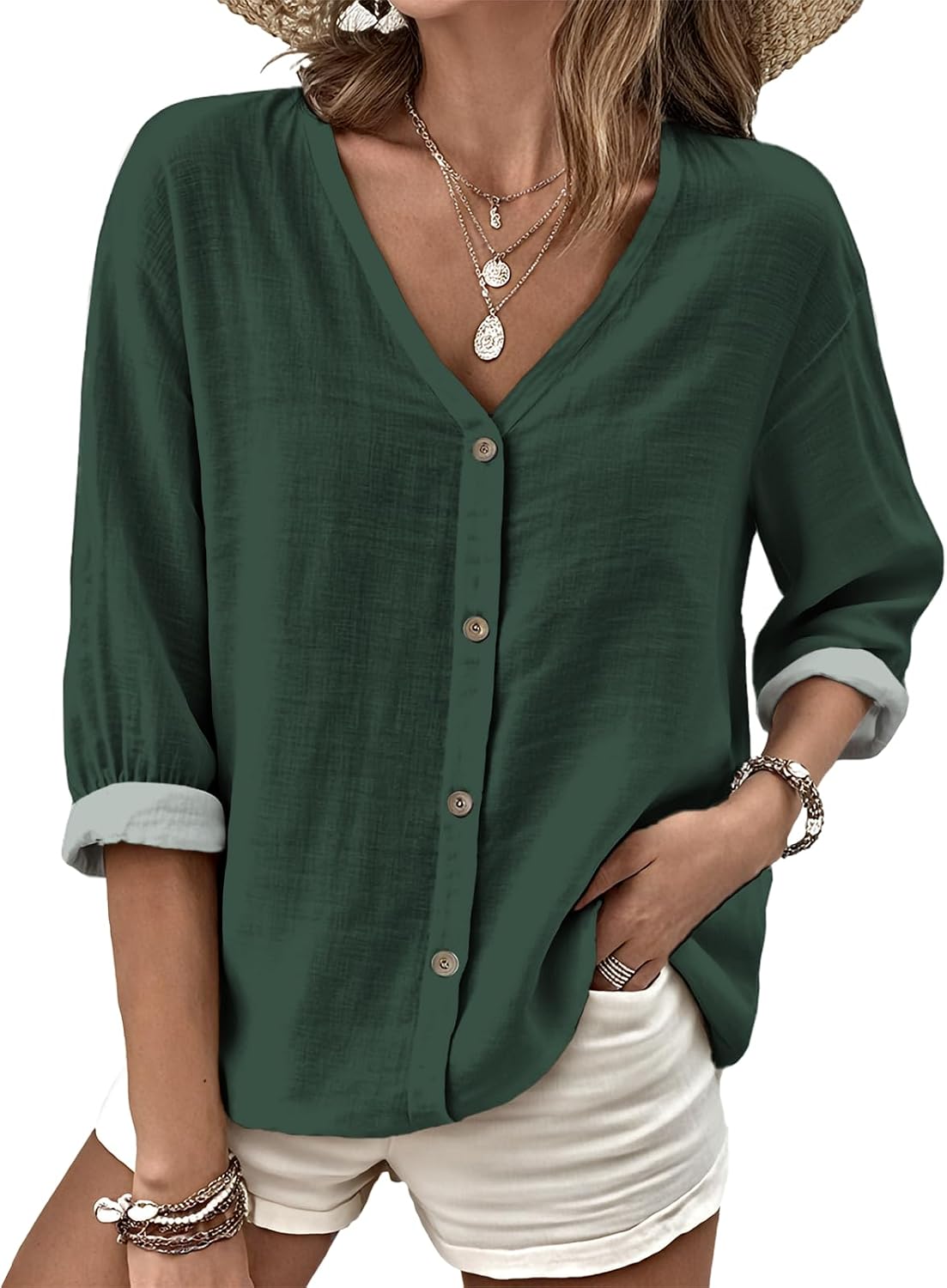 MARSVOVO V Neck Shirts for Women Lightweight Decorative Button 3/4 Sleeve Blouses Comfy Casual Business Flowy Top