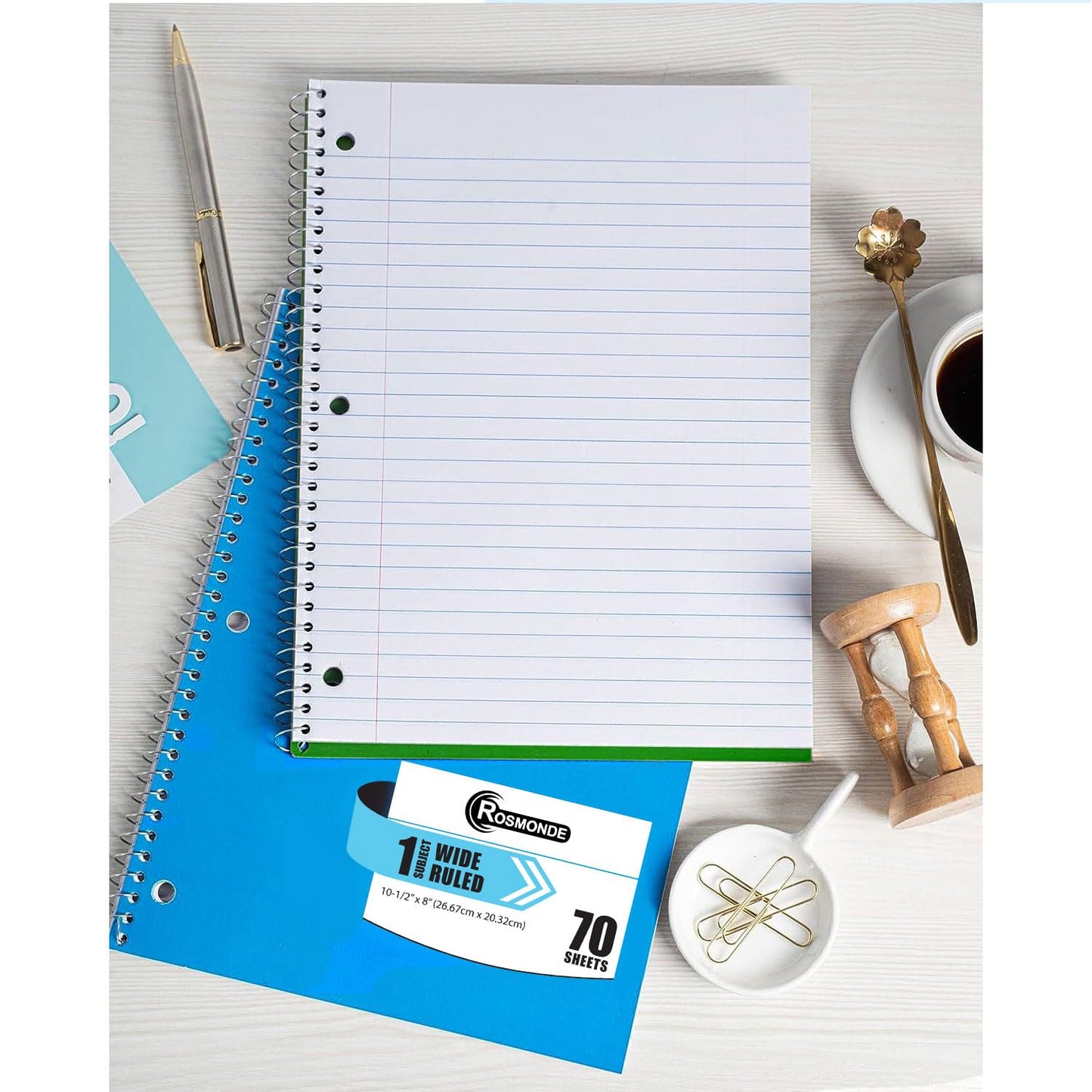 Rosmonde Spiral Notebooks, 12 Pack, 1 Subject Notebook, Wide Ruled, 70 Sheets, 8 x 10-1/2", 3 Hole Punched, School Supplies, Bulk Single Subject Spiral Notebook Bulk, Assorted Colors Pack of Notebooks