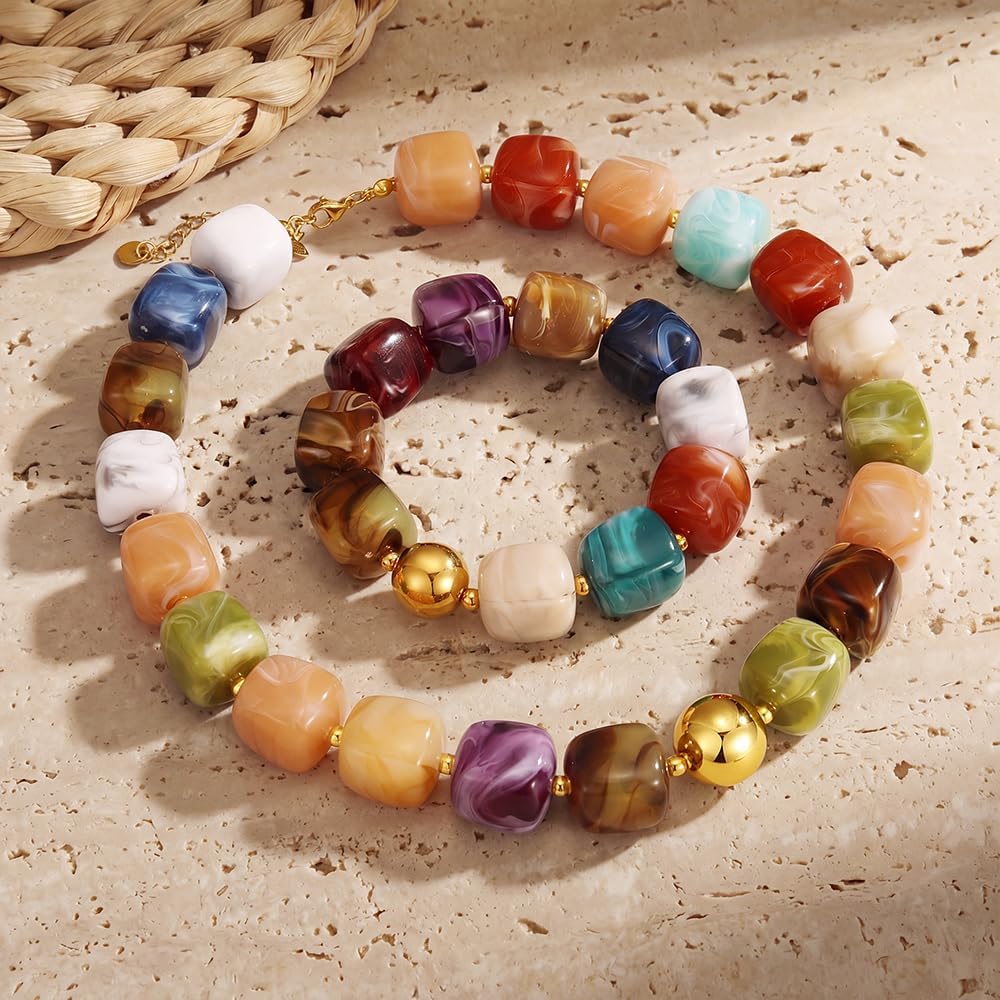 KISS WIFE Colorful Necklace and Bracelet Set for Women, Summer Beach Jewelry, Chunky Resin Square Beaded Choker Necklace, Stretch Acrylic Cube Bead Bracelet, Trendy Dopamine Dressing Jewelry Set
