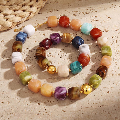 KISS WIFE Colorful Necklace and Bracelet Set for Women, Summer Beach Jewelry, Chunky Resin Square Beaded Choker Necklace, Stretch Acrylic Cube Bead Bracelet, Trendy Dopamine Dressing Jewelry Set