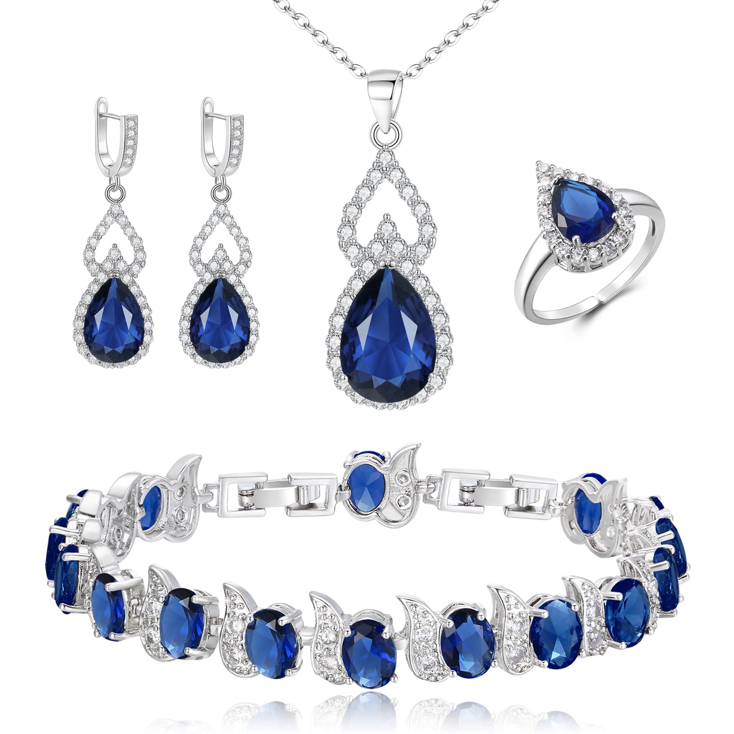 BriLove Wedding Jewelry Set for Women Bride Bridesmaid | Gorgeous Cubic Zirconia Teardrop Necklace Earrings Bracelet Adjustable Ring Jewelry Gift for Birthday/Anniversary