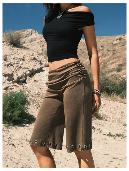 Verdusa Women's Fold Over Shorts Carpi Pants Washed Grommet Bermuda Shorts Gaucho Pants Going Out