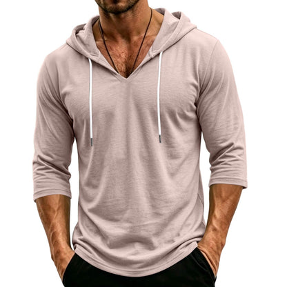 Mens Hooded 3/4 Sleeve Pullover Relaxed Fit Casual Lightweight Comfort Top