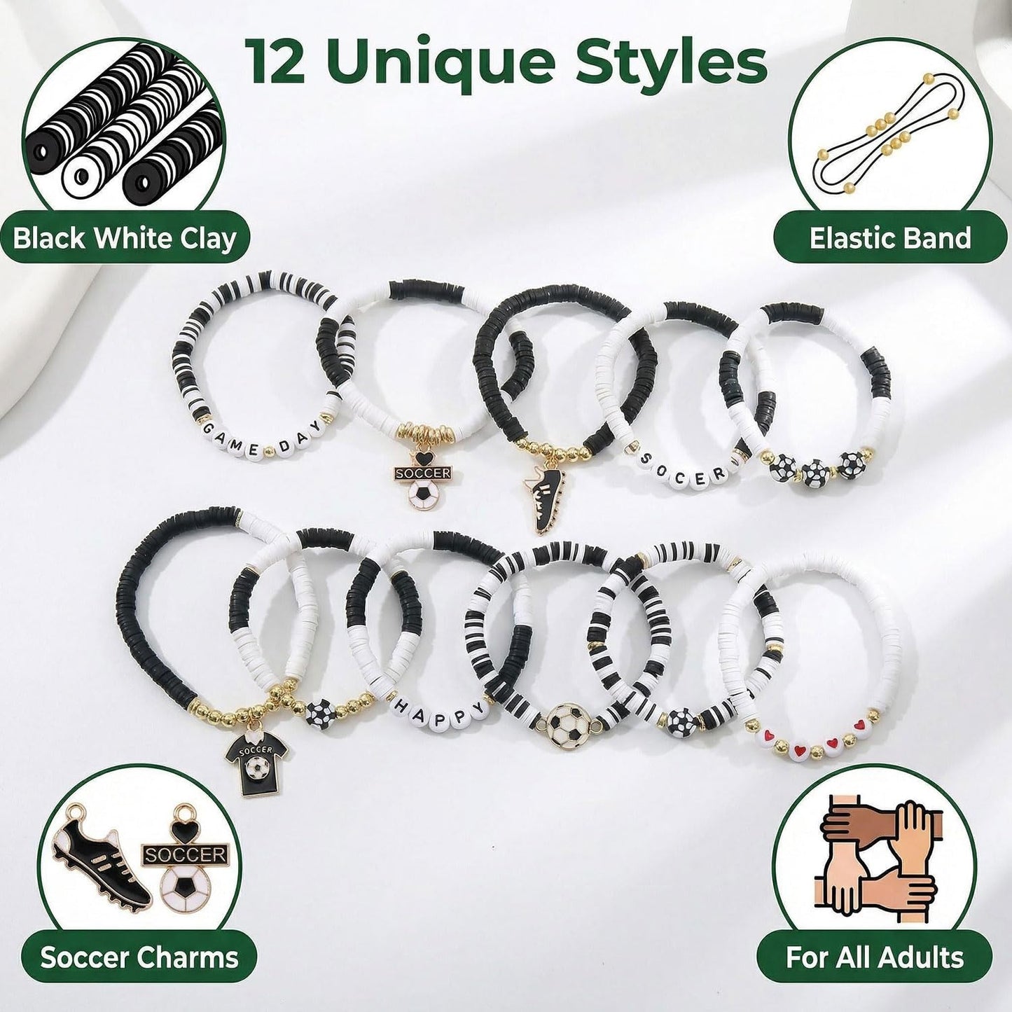 Spiritlele 12pcs World Cup Bracelets Set Red White Blue Clay Bead Wristband Stackable USA Soccer Charm Stretch Bracelet For Women Football Sports Fans Jewelry Gift