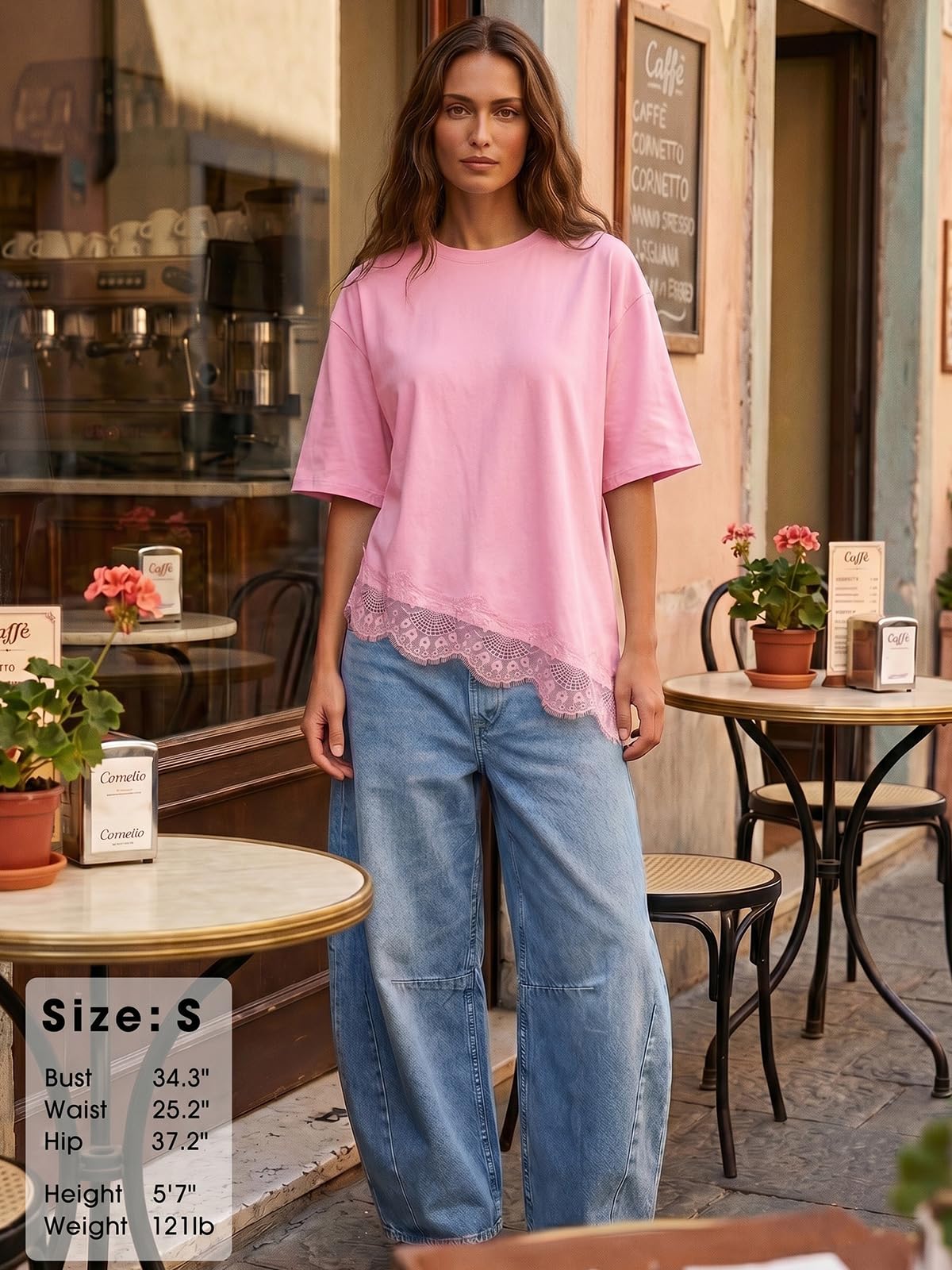 EXLURA Womens Summer Oversized Lace Trim T Shirts 2026 Casual Half Sleeve Asymmetrical Hem Tops Loose Crewneck Tunic Blouse