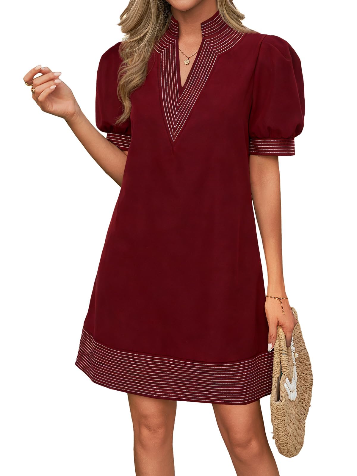 Wenrine Womens Summer V Neck Shift Dresses Casual Puff Short Sleeve Color Block Short Boho Beach Dresses with Pockets