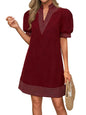 Wenrine Womens Summer V Neck Shift Dresses Casual Puff Short Sleeve Color Block Short Boho Beach Dresses with Pockets