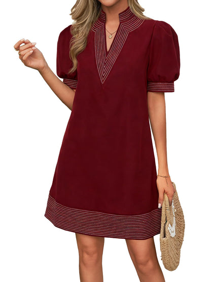 Wenrine Womens Summer V Neck Shift Dresses Casual Puff Short Sleeve Color Block Short Boho Beach Dresses with Pockets