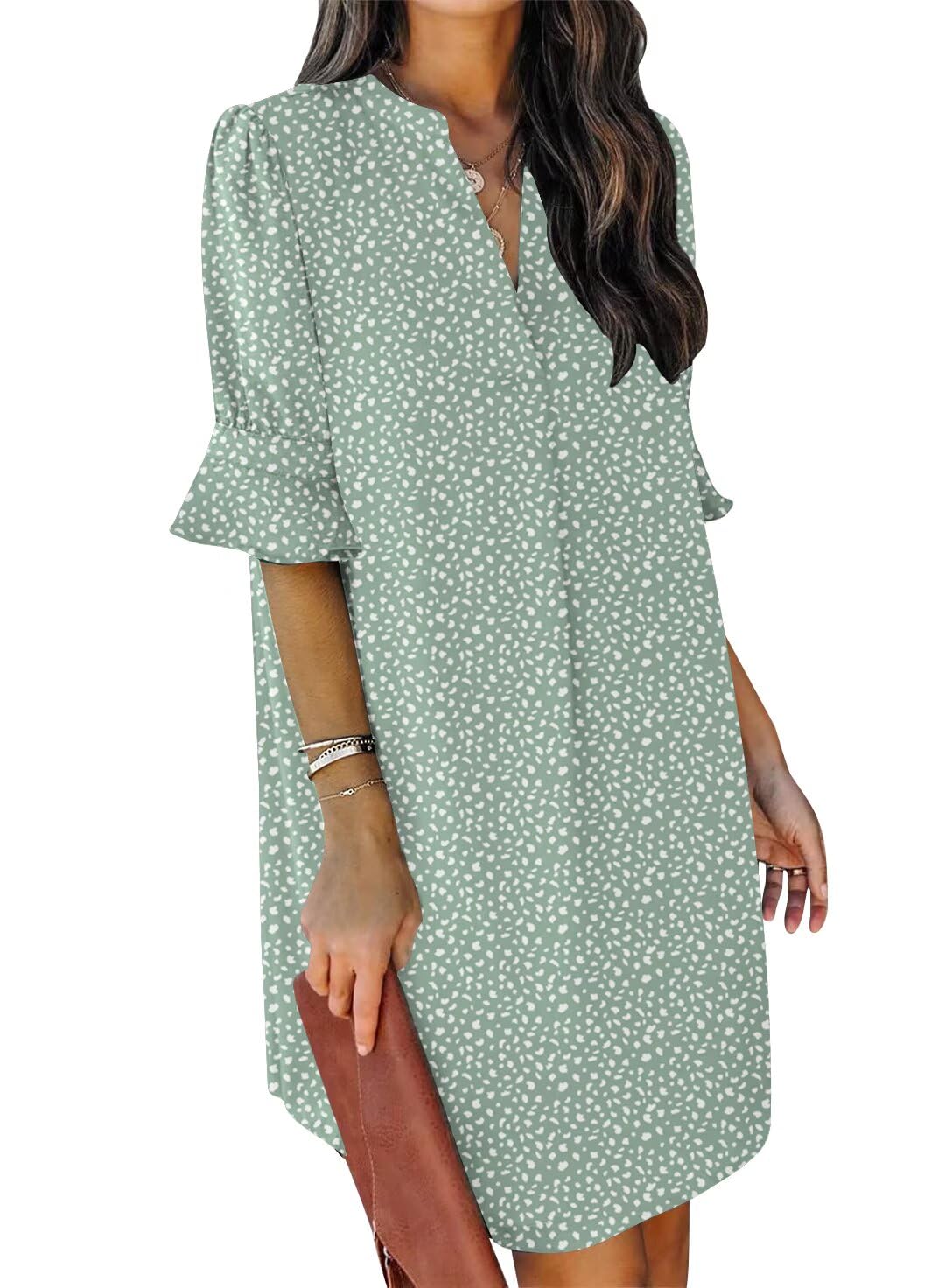 QACOHU Womens Summer Casual V Neck Shift Mini Dress | Flowy Swing Basic Loose Dresses, Ruffle Short Sleeve, Straight, Floral Boho Style, Wedding Guest Beach Vacation Outfits