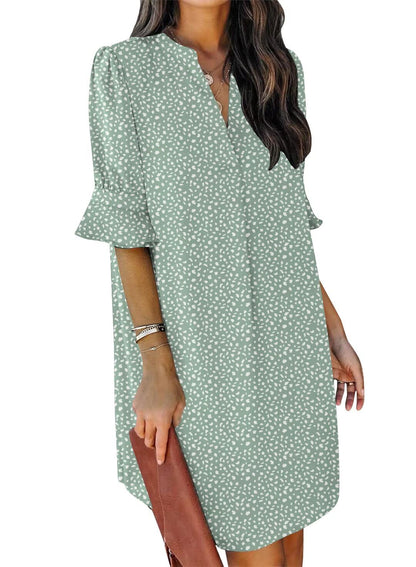 QACOHU Womens Summer Casual V Neck Shift Mini Dress | Flowy Swing Basic Loose Dresses, Ruffle Short Sleeve, Straight, Floral Boho Style, Wedding Guest Beach Vacation Outfits