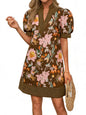 Wenrine Womens Summer V Neck Shift Dresses Casual Puff Short Sleeve Color Block Short Boho Beach Dresses with Pockets