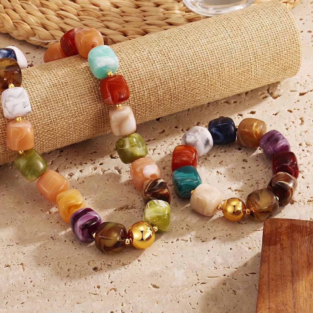 KISS WIFE Colorful Necklace and Bracelet Set for Women, Summer Beach Jewelry, Chunky Resin Square Beaded Choker Necklace, Stretch Acrylic Cube Bead Bracelet, Trendy Dopamine Dressing Jewelry Set