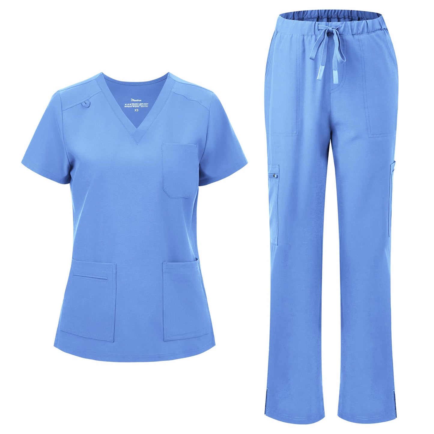 floralhue Scrubs for Women, V-Neck Straight Leg Pants with 12 Pockets | Slit Hem Cargo Pant Storage, Yoga Waistband, Water Resistance, For Nurses, Clinics, Long Shifts, Daily Medical Uniforms