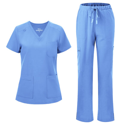 floralhue Scrubs for Women, V-Neck Straight Leg Pants with 12 Pockets | Slit Hem Cargo Pant Storage, Yoga Waistband, Water Resistance, For Nurses, Clinics, Long Shifts, Daily Medical Uniforms