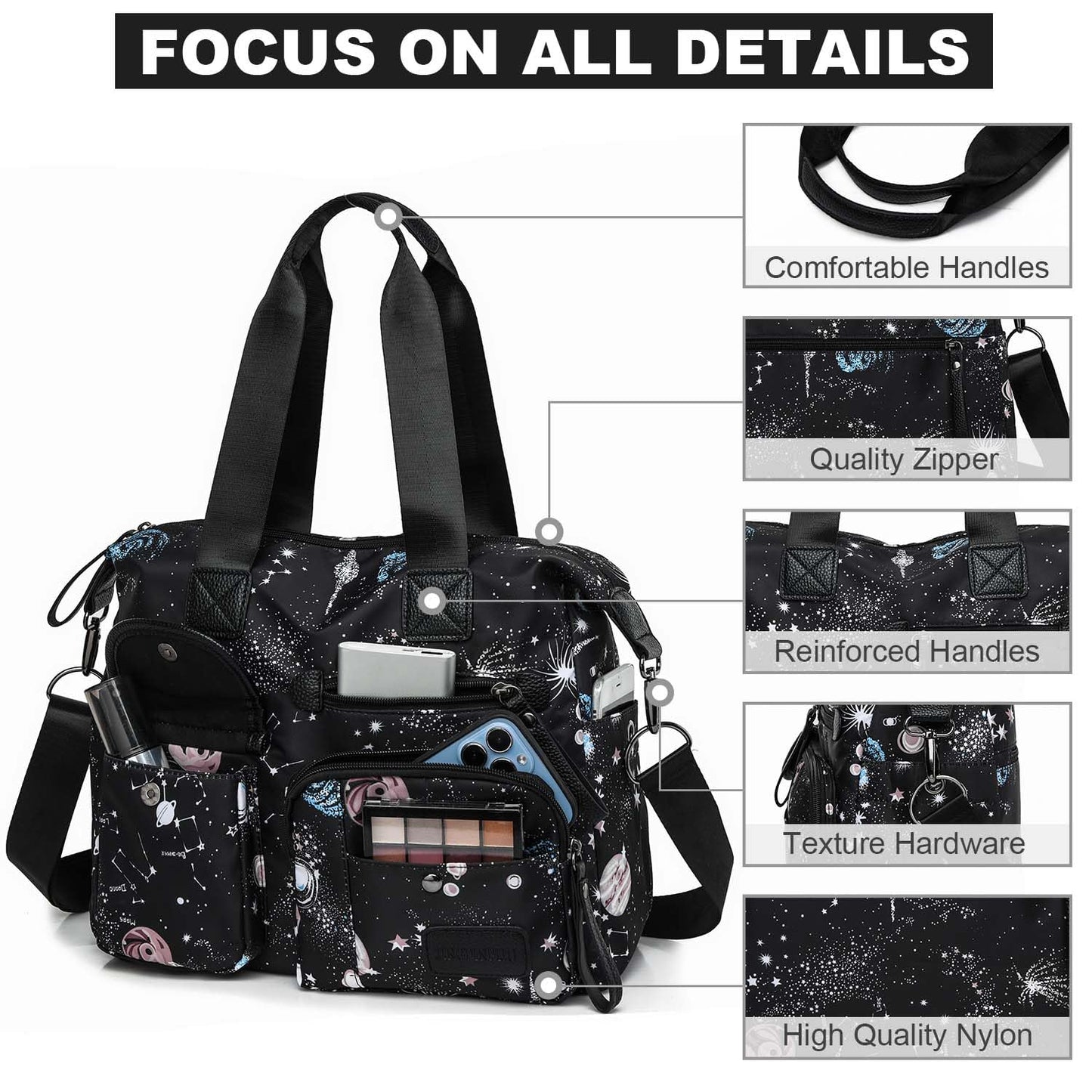 Tote Bag for Women,Multi Pockets Shoulder Handbag,Nurse Bag for Work,Large Cross body Purse,Fashion Nylon Top Handle Satchel